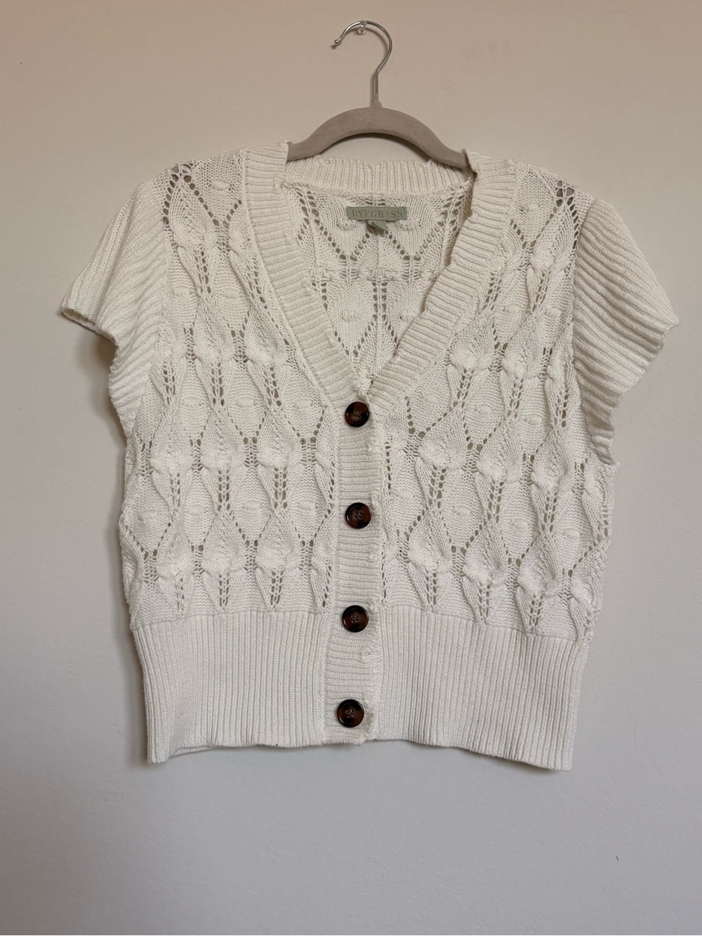 Cable Knit Short-Sleeve Cardigan Sweater - White